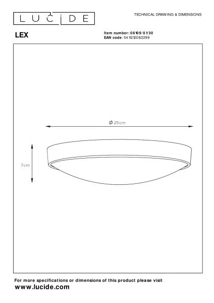 Lucide LEX - Plafonnier - Ø 25 cm - 1xE27 - Noir - technique